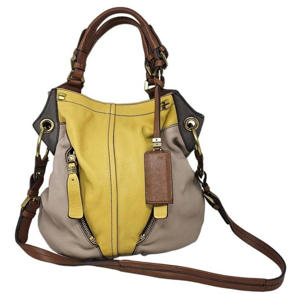 Oryany Gwen Gray Yellow Leather Convertible Bag Tote Zipper Crossbody Top Handle - Picture 1 of 9